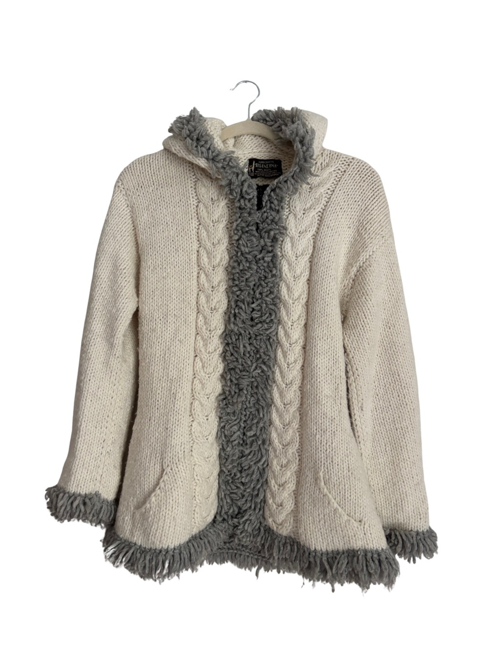 Cream Cable-Knit Hooded Cardigan with Gray Sherpa Trim